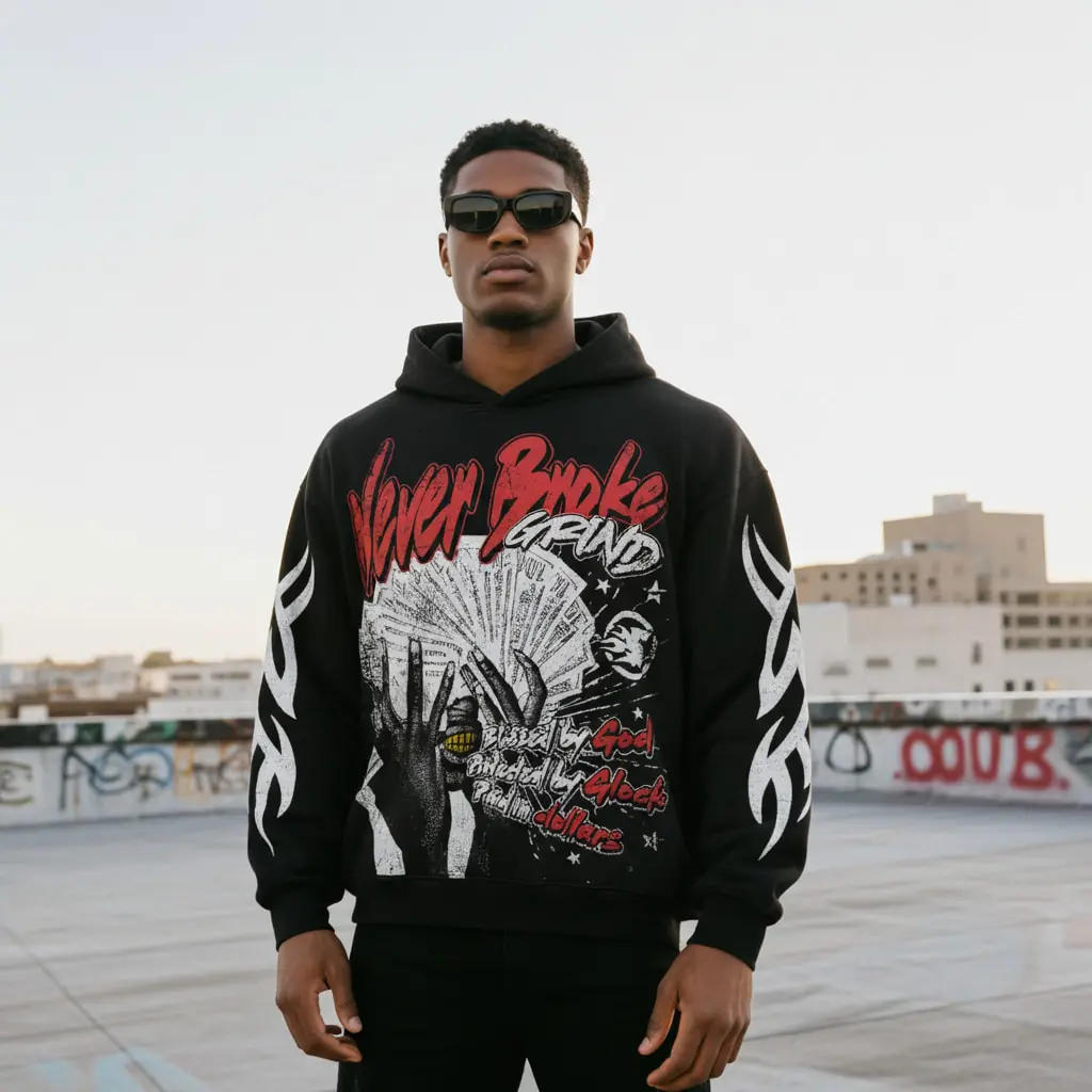 Sopula Studio Men's Never Broke God Glock Dollar Vintage Graphic Hoodie - Menswear Tops, Casual Fashion Long Sleeve Loose-Fit Multi-Print Sweatshirt, Casual Fashion Sweatshirt