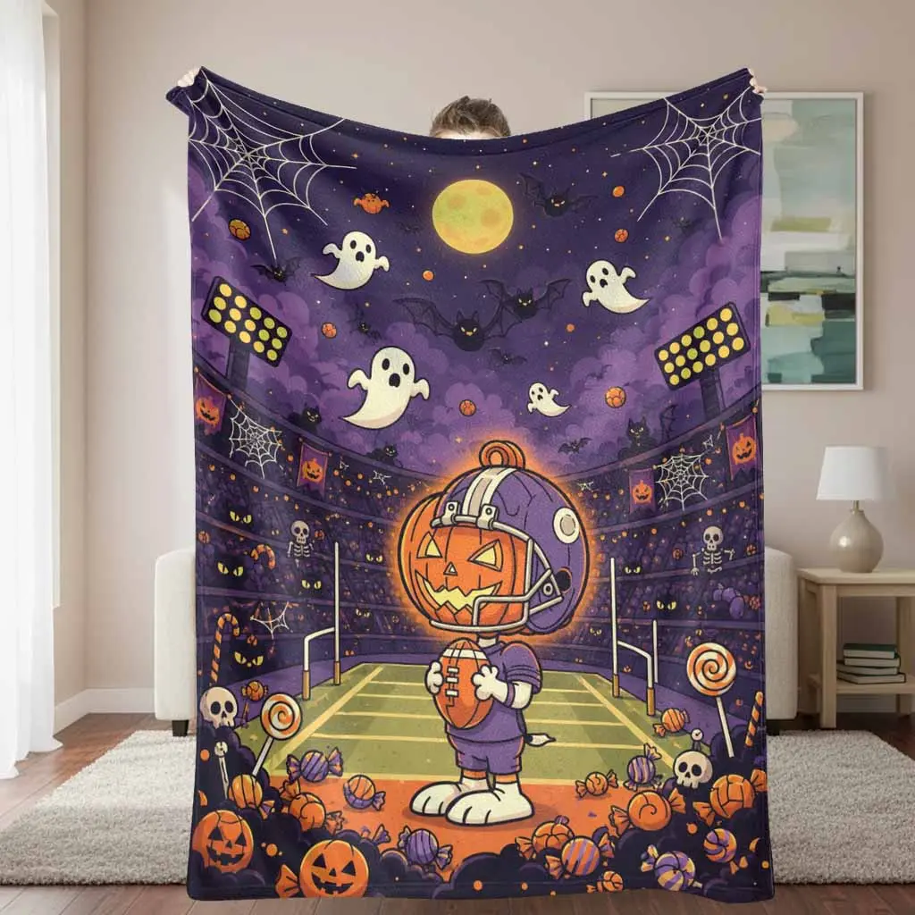 Football Player Pumpkin Flannel Blanket Spooky Sports Theme Soft Warm Lightweight Throw Bed Couch Sofa Decor Perfect For Fall Season Holiday Gatherings Tailgate Parties Daily Relaxation