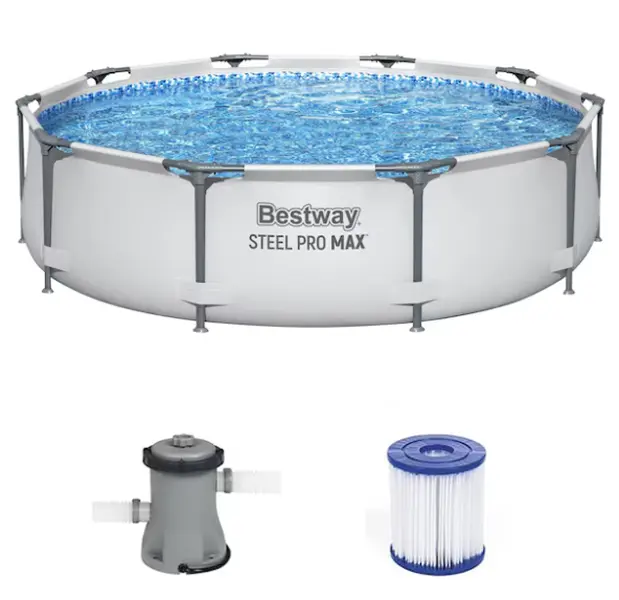 Bestway Steel Pro MAX Above Ground Swimming Pool 10FT x 30IN with Filter Pump Included, Portable Outdoor Round Pool, Rust Resistant Steel Frame, DuraPlus Liner, Backyard Family Pool for Kids Adults, Summer Swimming Pool Set, Easy Installation