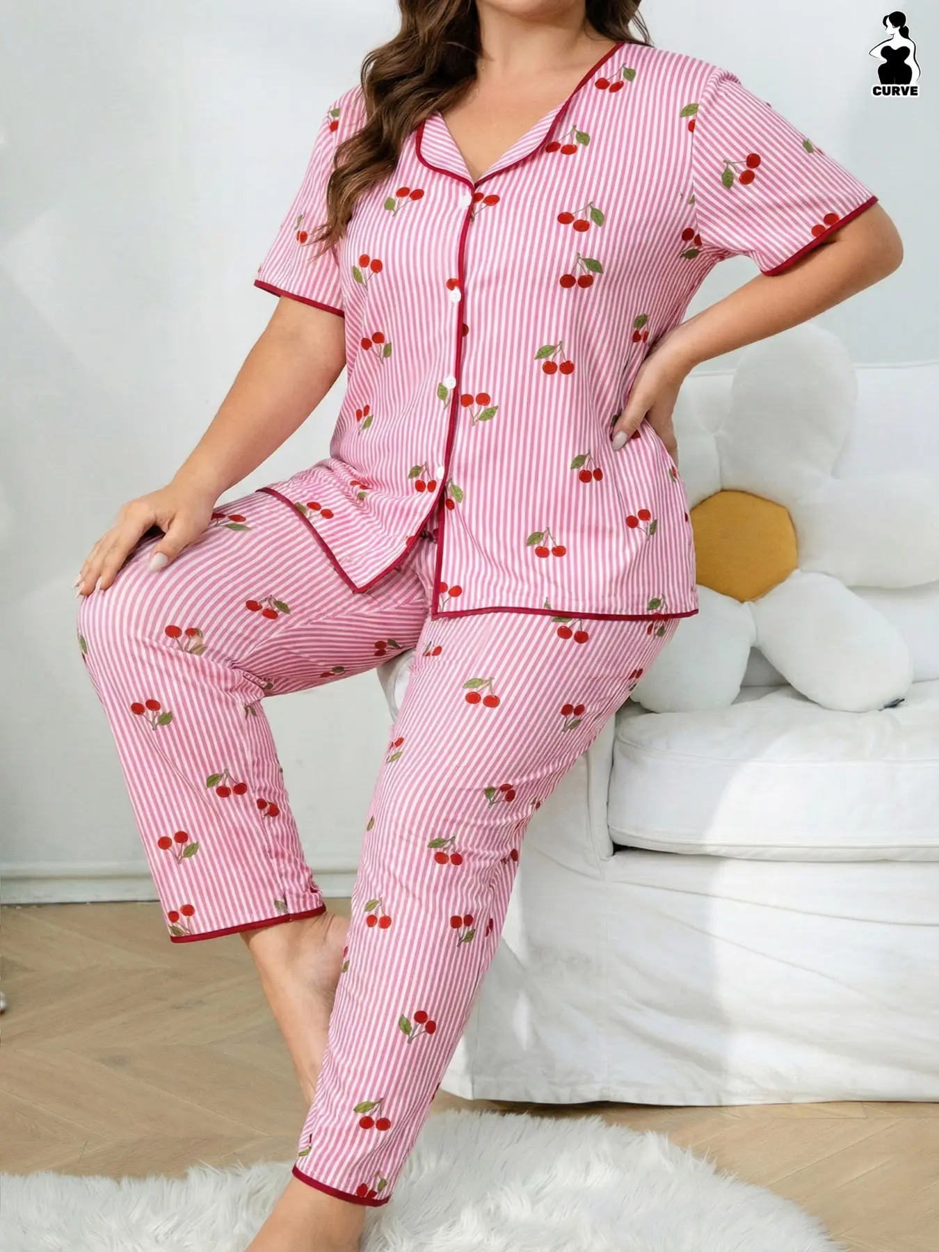 Women's Plus Size Sleepwear Set, Pajama Set, Striped Cherry Print, Short Sleeve Top and Long Pants, Loose Fit, Casual Home Wear, All Seasons