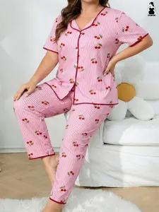 Women's Plus Size Sleepwear Set, Striped Cherry Print, Short Sleeve Top and Long Pants, Loose Fit, Casual Home Wear, All Seasons