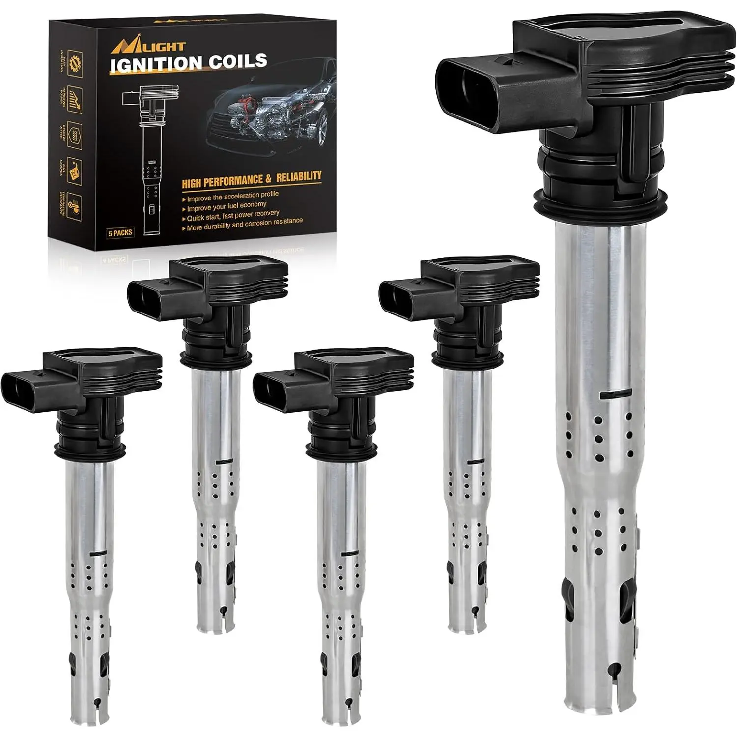 Nilight OE Replacement 4-Pin/Blade Ignition Coil Pack with Rubber & Copper Wire (OE# UF575, Set of 5) - Fit for VW Jetta,Rabbit,Beetle,CC,Eos & More (2005-2019 2.5L L5 Models)