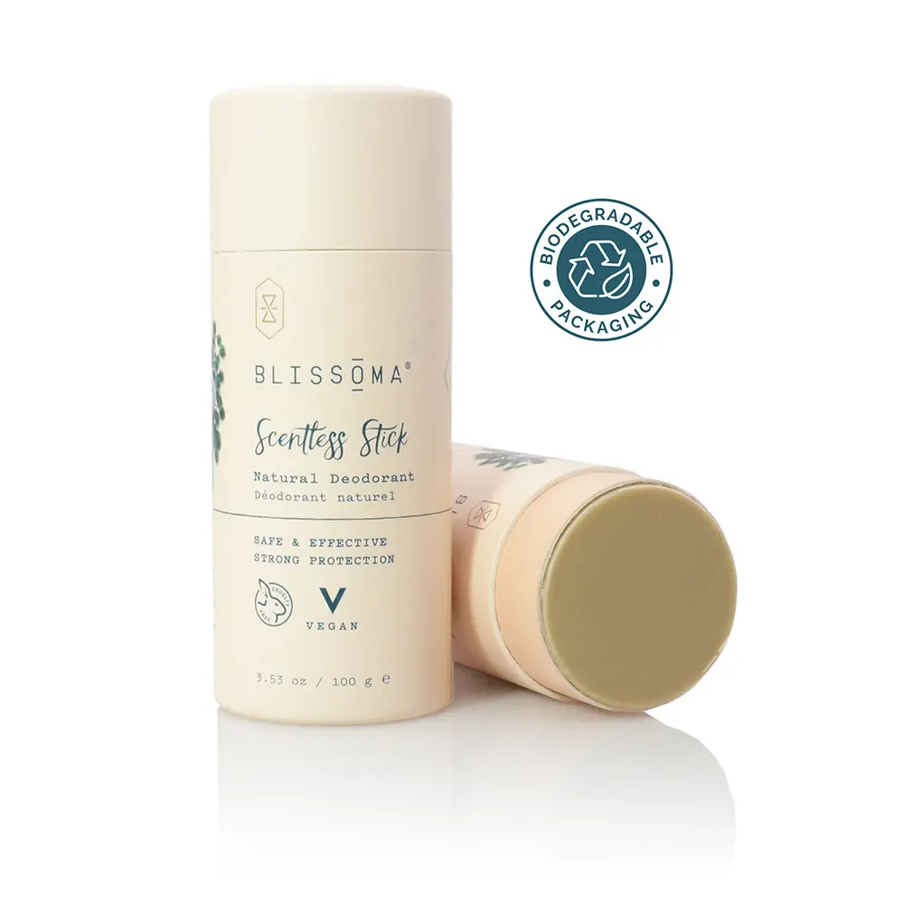 Blissoma Scentless Stick Solid Strong Natural Deodorant - strong baking soda formula for maximum odor protection with a soft texture and compostable packaging