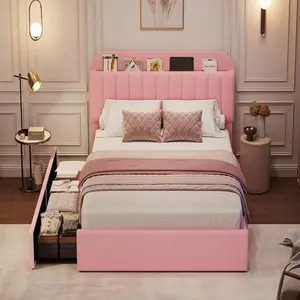 Gaomon Upholstered Platform Bedframe - Twin Size, Pink Boucle Upholstery, Silent Durable Metal Storage Headboard with 2 Wheeled Drawers, Bookcase Design, No Box Spring Needed