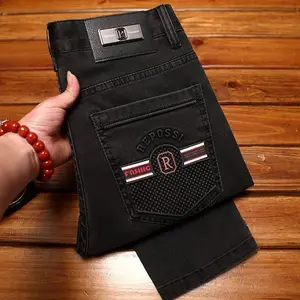 2025 new fashionable light luxury jeans for men, trendy 3D printed design, slim fit, small feet, elastic denim pants