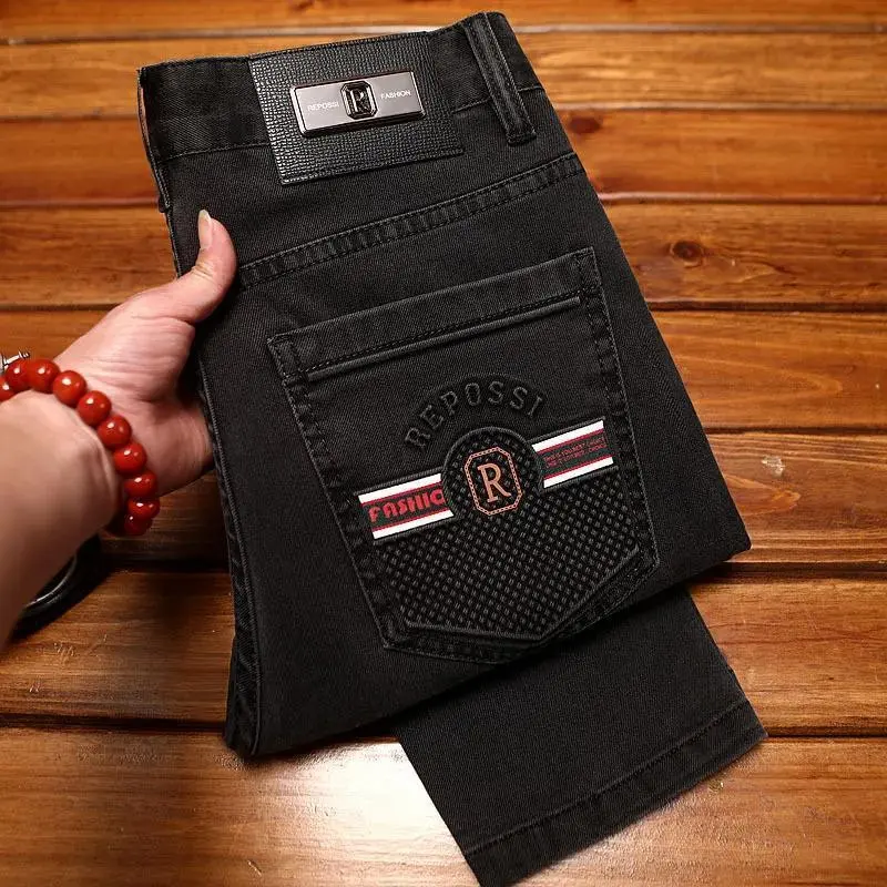 2025 new fashionable light luxury jeans for men, trendy 3D printed design, slim fit, small feet, elastic denim pants