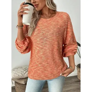 Women's Colorful Waffle Knit Pullover Sweatshirt Autumn Long Sleeve Tops Fabric Fit Orange Round Neck Drop Shoulder Casual Pullovers