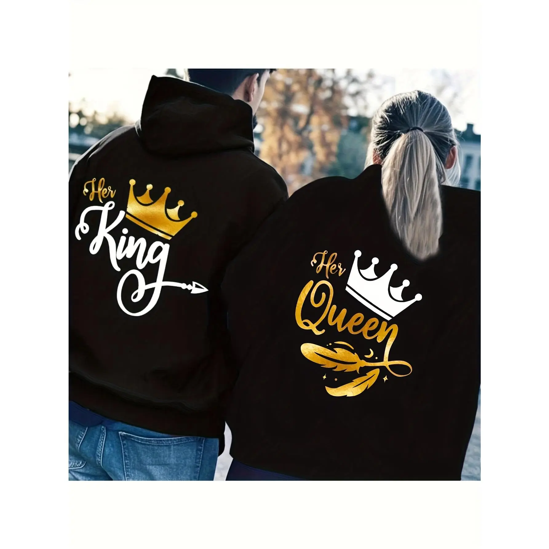 Y2K Style Cotton Couple Hooded Sweatshirt Tops - "King" & "Queen" Print with Crown Design, Menswear & Hers Matching Longsleeves Pullover, Machine Washable with Pockets, Autumn Winter Casual Sports Outerwear, Romantic Couple Gift