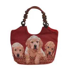 TAMSY Dogs Pattern Tote Bag with Wooden Beads Handle