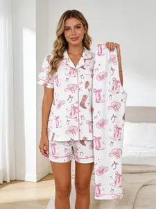 Women's 3 Piece Pajama Set, Button Front Top + Shorts + Long Pants, All Season Wearable, Pink Cowboy Boots Bow Print, Healing Relaxed Style, Cozy Sweet Home Loungewear