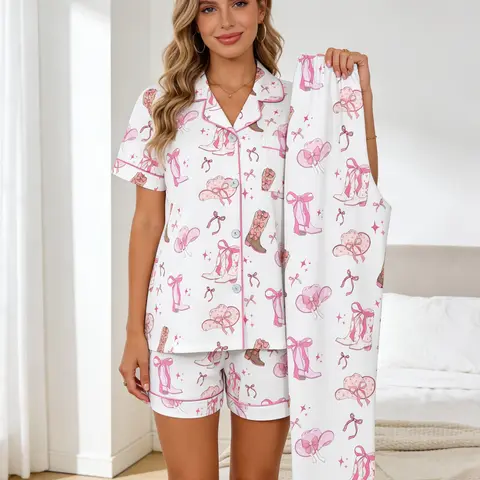 Women's 3 Piece Pajama Set, Button Front Top + Shorts + Long Pants, All Season Wearable, Pink Cowboy Boots Bow Print, Healing Relaxed Style, Cozy Sweet Home Loungewear, Casual Sleepwear, Nightwear, Pjs, Pyjamas, Matching Sleepwear, Sets Pajama