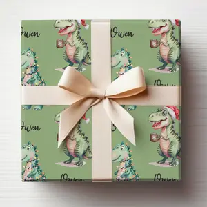Christmas Dinosaur Wrapping Paper Roll With Name, Customized Christmas Dinosaur Gift Wrap Roll, Funny Christmas Wrapping Paper Roll