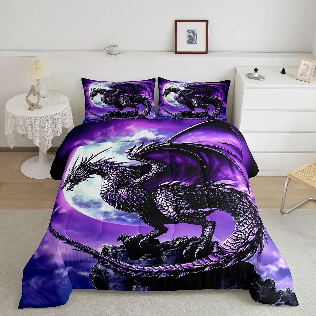 Purple Dragon Comforter Set,3D Dragon Bedding Set,Western Dragon Comforter for Women Men,Fire Dragon Duvet Set for Boys Girls Teens, Bedroom Bedding Set, Decorative Bedding Set