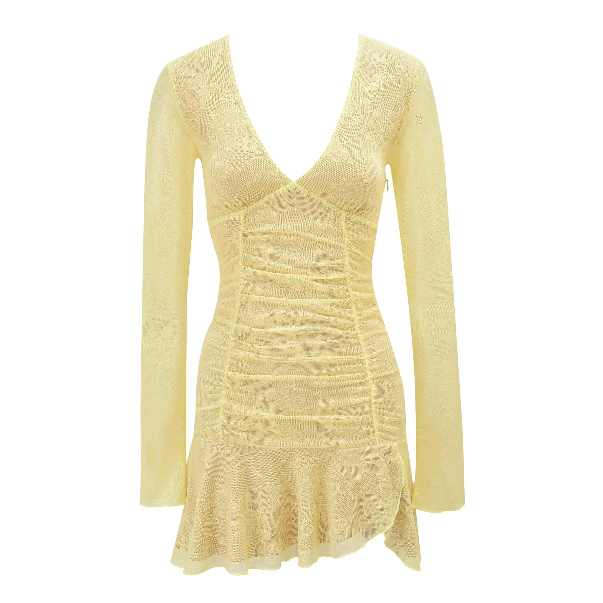 YVETTE LACE LONG SLEEVE RUCHED MINI DRESS - YELLOW - TikTok Shop
