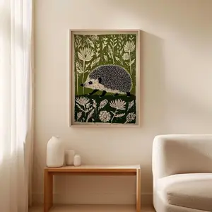 [No Frame] Hedgehog Forest Poster, Green Textured Illustration Art