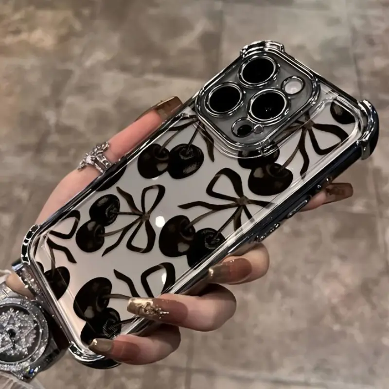 Four Corner Anti-Fall Stylish Korean Cherry Pattern Phone Case for IPhone 16 Pro Max 15 Plus 14 13 12 11 E Shockproof Transparent Electroplated Protective Cover