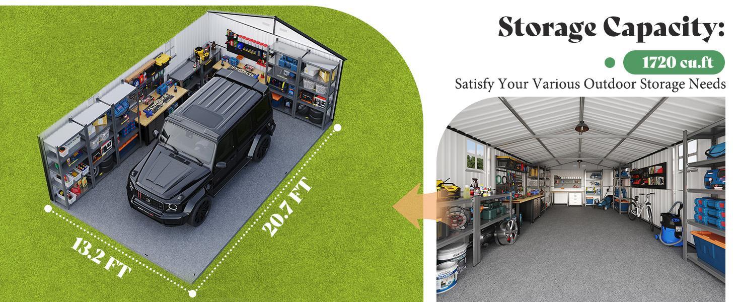 [Spring Sale] AMERLIFE Outdoor Storage Shed, Huge Metal Garage Shed with 2 Double Hinged Doors and 4 Windows, Carport for Car, Truck, Bike, Garbage Can and Lawnmower, Dark Grey/Best Gift Ideas/Christmas Gifts