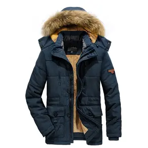 Men's Winter Medium Long Cotton-padded Jacket Plus Size Thickened Fleece Lined Hooded Warm Coat for Middle Aged Elderly Cross-Border Clothing