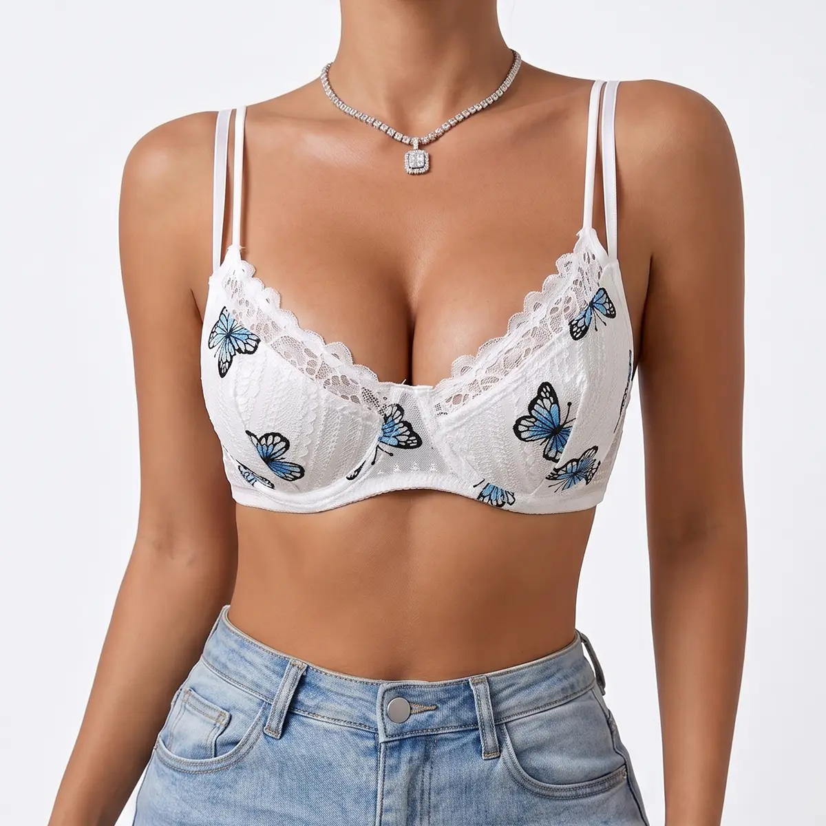 Women's Butterfly Print Lace Bralette Double Thin Strap Everyday Wear Bra Breathable Fabric Blue Casual