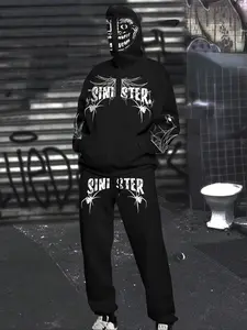 Two-piece Set Men's Spider and Letter Print Zip Up Thermal Lined Hoodie & Drawstring Waist Sweatpants,  Regular Fit  Fashion Drop Shoulder Long Sleeve Hooded Sweatshirt & Elastic Waist Pocket  Pants for Daily Wear, Men Two-piece Outfits for Fall & Winter