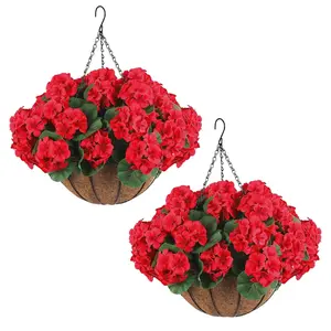 Garvee 2 Set Artificial Outdoor Geraniums Flowers with Brown Basket, Artificial Hanging Flowers Plant, 12 Pcs Geraniums Flowers for Christmas, Front Porch, Garden, Patio, Home Decor, Red