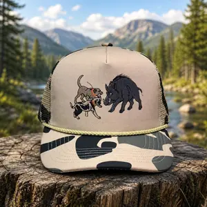 Hog Hunting Dogs Trucker Hat, Wild Boar Hunting Embroidered Camo Cap, Mesh Snapback, Hunter Gift for Men