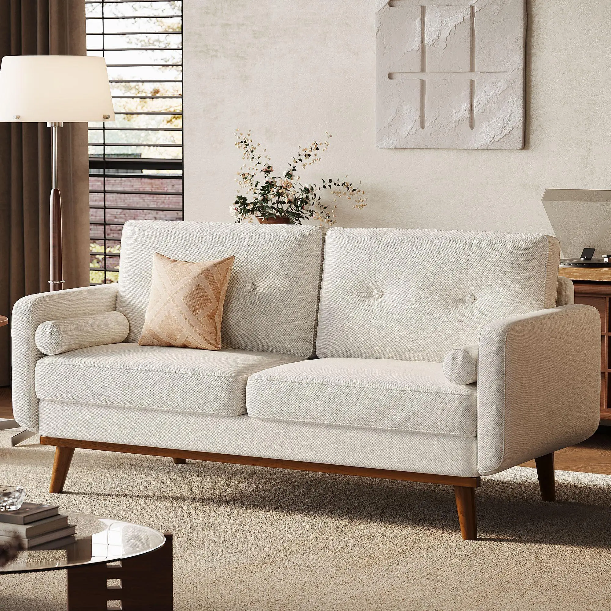 65" Mid Century Modern Loveseat Sofa for Small Spaces, 2 Seater Linen Upholstered Couch, for Living Room, Bedroom, Office, Apartment, Beige