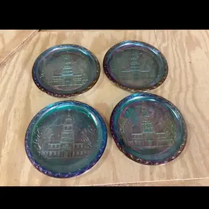 Indiana Glass Iridescent Blue Carnival “Independence Hall” Bicentennial 8” Plates