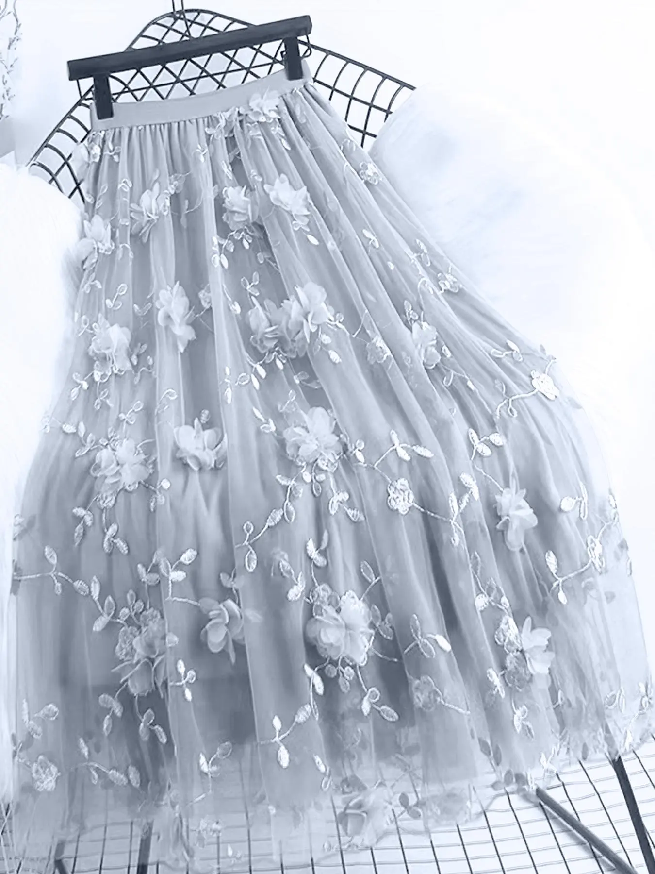 Women's Floral Flower Appliques High Waist Loose Fit Vintage Tulle Skirt, Chic Elegant A-line Midi Skirt for Party Holiday Vacation, Ladies All Seasons Clothes, Womenswear, Bohemian Summer Skirts