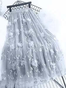 Women's Floral Appliques High Waist Vintage Tulle Skirt, Chic Elegant A-line Midi Skirt for Party Holiday Vacation, Ladies All Seasons Clothes, Womenswear, Bohemian Summer Skirts