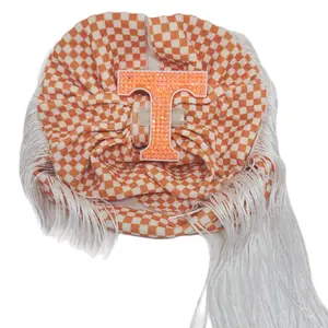 Football Lovers Checkered Orange and White Fringed Double Bow Headwrap with Rhinestone Letter T Bow Clip