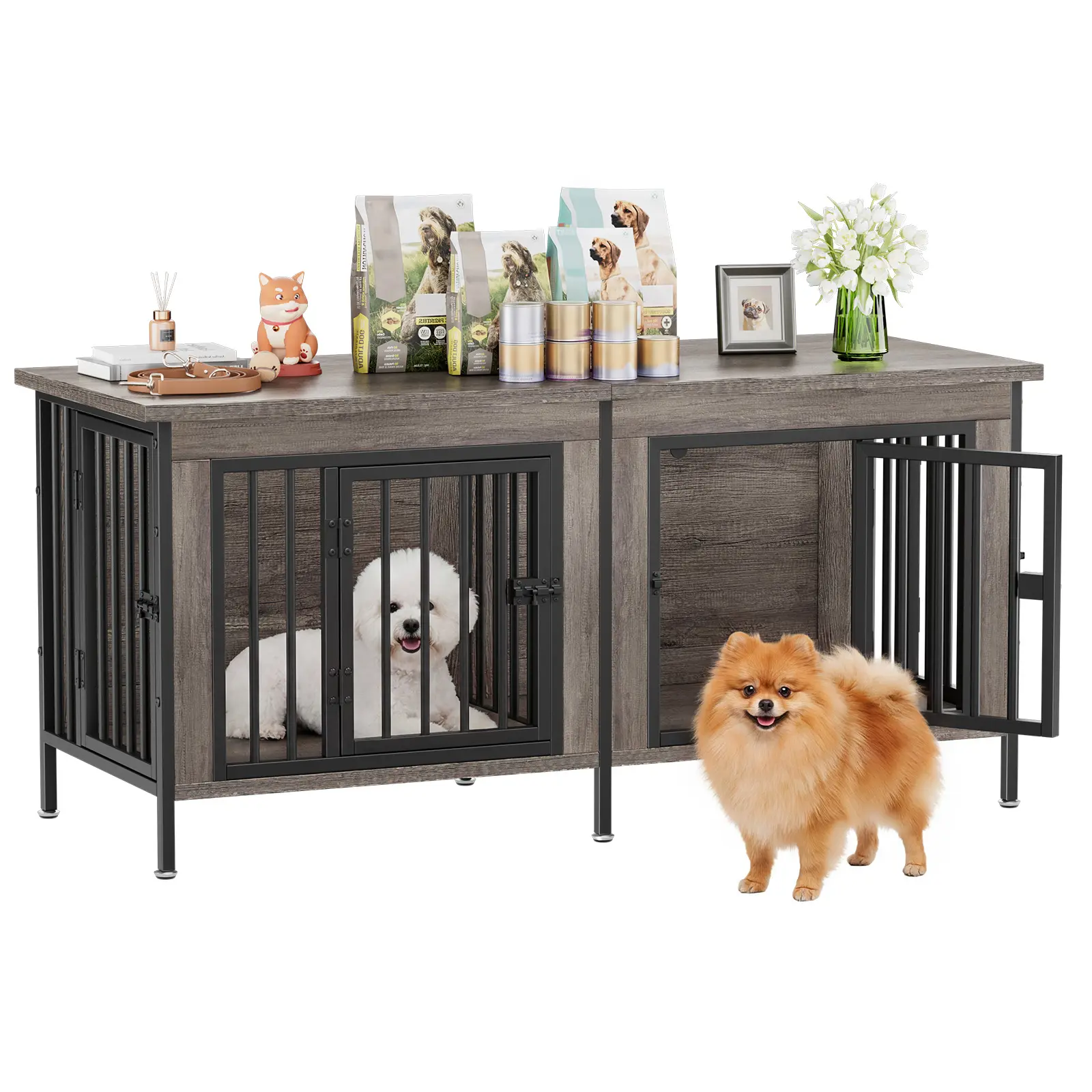 Double Compartment Dog Crate Furniture - Heavy-Duty 10mm Thick Metal Bar Kennel End Table with 3.5" Raised Clearance, Anti-Scratch Adjustable ft, Secure Latch Locks for Small to Medium Dogs