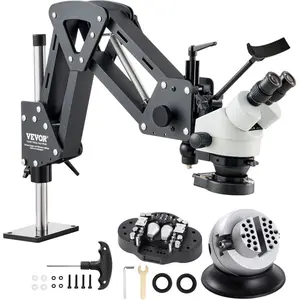 VEVOR Multi-Directional Microscope with Spring Bracket, 7X-45X Magnification Jewelry Microscope, Micro Jewelry Inlaid Stand with Integrated USB Ring LED Light and 360 Ball Vise, for Jewelry Inlay