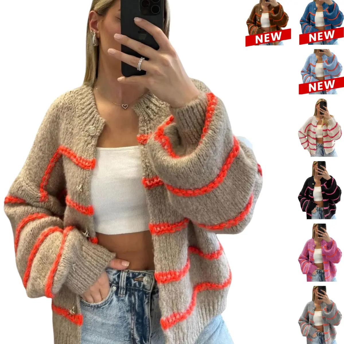UANEO Womens Striped Cardigan Sweaters Casual Open Front Long Sleeve Button Down Knit Outwear
