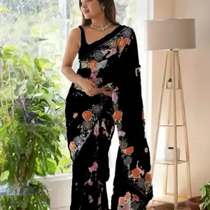 DESIGNER GEORGETTE FLORAL DIGITAL PRINTED EMBROIDERY WORK SAREE WITH UNSTITCHED