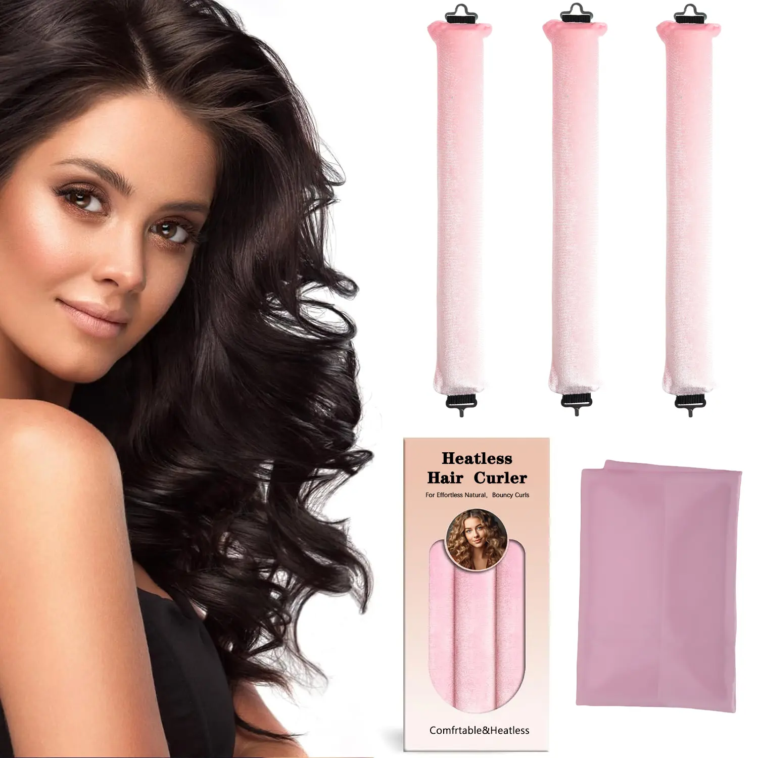 3-Piece Heatless Curl Rods Headbands with Hook System, Velvet Softness & Satin Scarf for Nighttime Blowout Styling