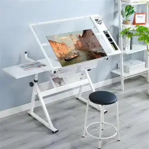 Adjustable Drafting Table with Stool, 0-75° Tiltable Drawing Tabletop with 2 Storage Drawers & Extra Storage Shelf, Art Craft Paintings Work Station for Home Office School White