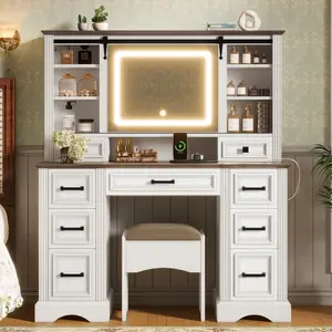 Bellemave 47.2" Farmhouse Makeup Vanity Desk with Sliding LED Mirror, Large Vanity Set, 9 Drawers, Charging Station, White & Brown