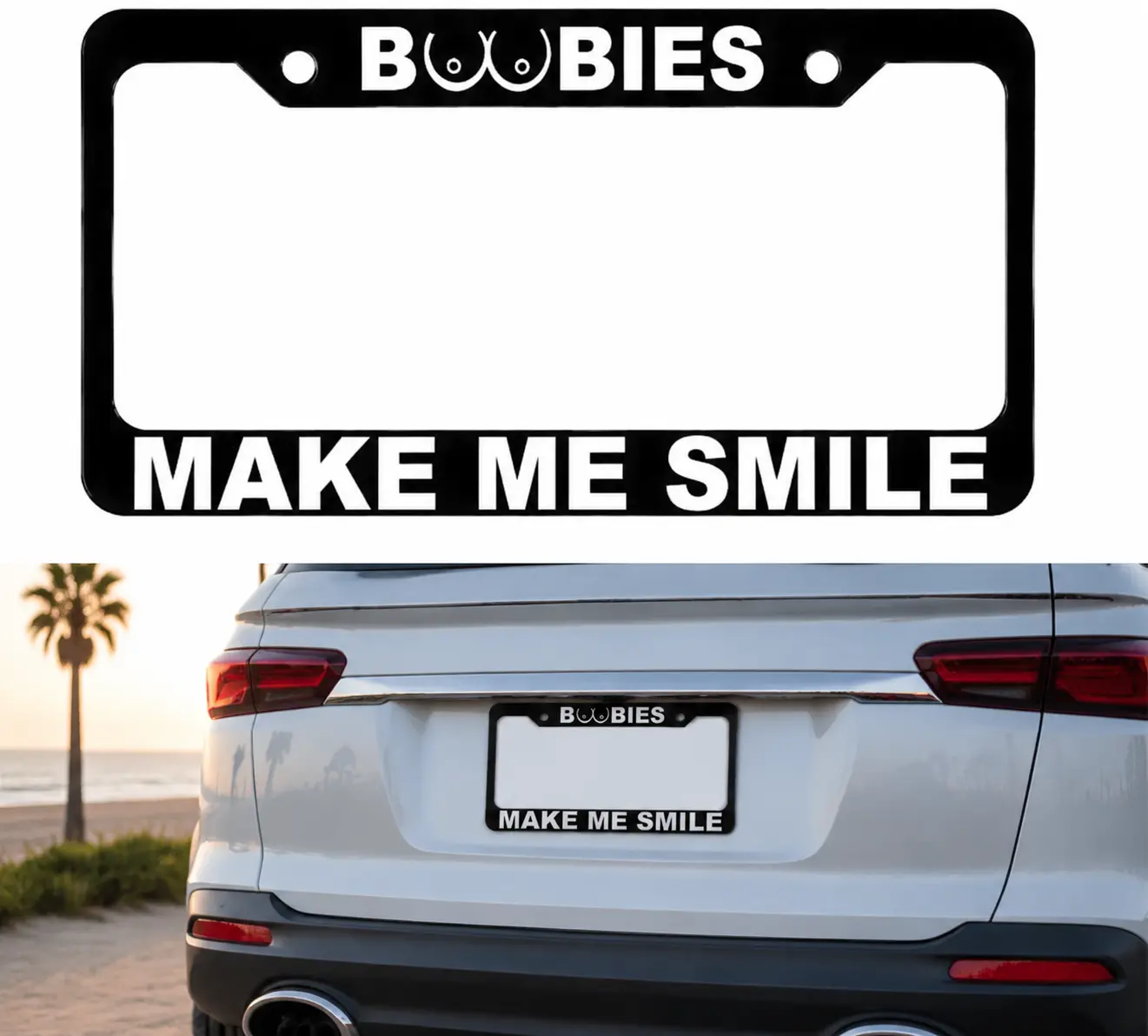 Boobies Make Me Smile License Plate Frame, Funny Car Tag Frame, Novelty License Plate Holder, Gag Gift for Him, Humor Auto Accessory, Black Metal Frame