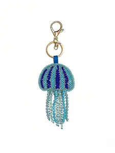 Fresh Blue Beaded Jellyfish Keychain, Tassel Bag Charm, Ocean Style Girl Heart Accessory, Cute Animal Pattern, All Seasons