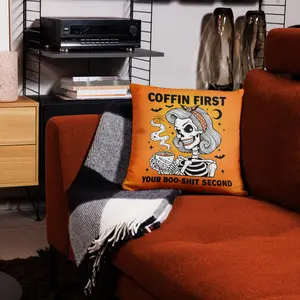 Coffin First Boo‑Shit Second Pillow | Funny Skeleton Coffee Throw Pillow | Retro Halloween Decor | Spooky Boho Cushion | Fall Skeleton Gift