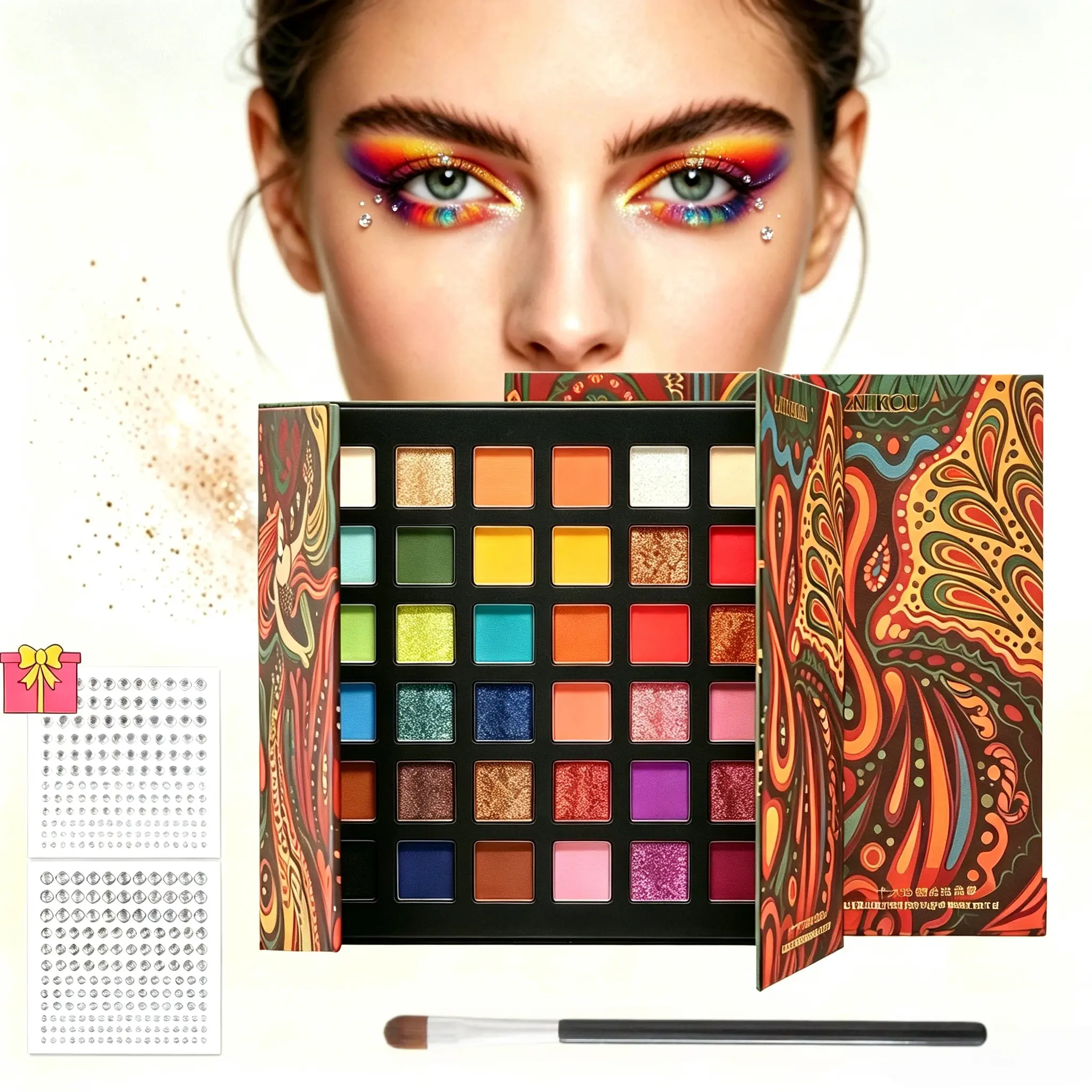 36-Color Retro Oil Painting Eyeshadow Palette, Free Eye Makeup Diamond Stickers + Eyeshadow Brush, Matte Shimmer Glitter Waterproof Long Lasting Soft Pastel Eye Makeup Set， Vibrant Rainbow Smokey Eyeshadow Palette