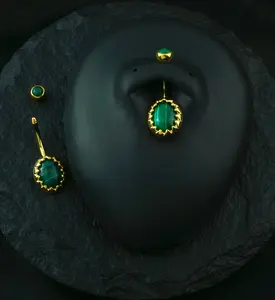 Gold PVD Malachite Cabochon Stone Stainless Steel Belly Button Ring