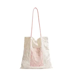Soft Velvet Embroidered Lace Tote Bag with Magnetic Closure
