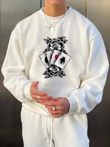 Unisex Men's Floral & Playing Cards Print Round Neck Casual Sporty Sweatshirt, Loose Casual Long Sleeve Pullover for Fall & Winter, Men's Clothes for Daily Wear