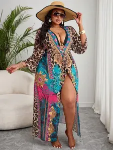 Plus Size Leopard Print Sheer V-Neck Summer Sexy Robe