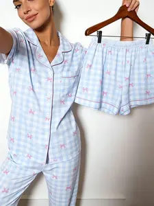 Women's Pajama Set, Short Sleeve, All over Print, Slim-Fitting, Casual Style, Blue Plaid Bow Design, Home Wear, Loungewear, Two-In-One Use