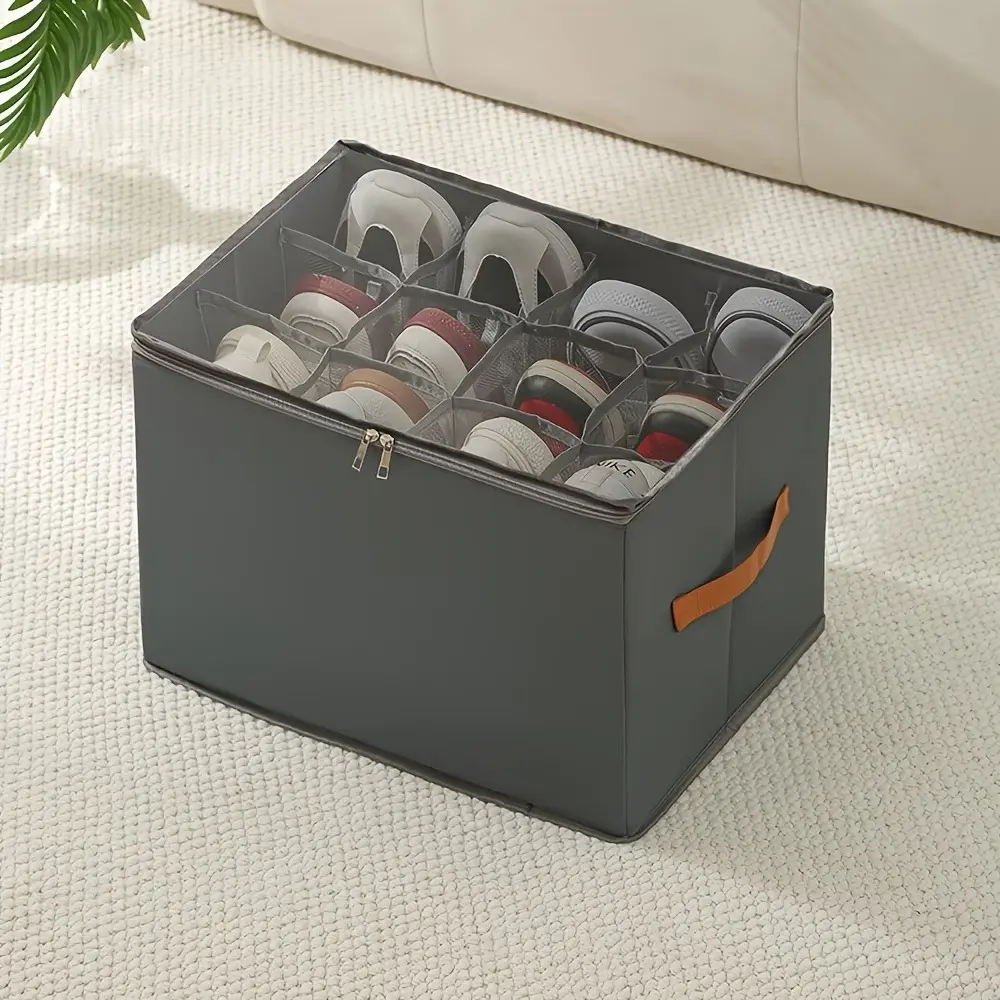 Fabric Shoe Organizer with Transparent Cover - Adjustable Dividers, Foldable Space-Saving Storage Bins for Closet Organization, Fits 8-16 Pairs (Back to School, Mother's Day Gift)