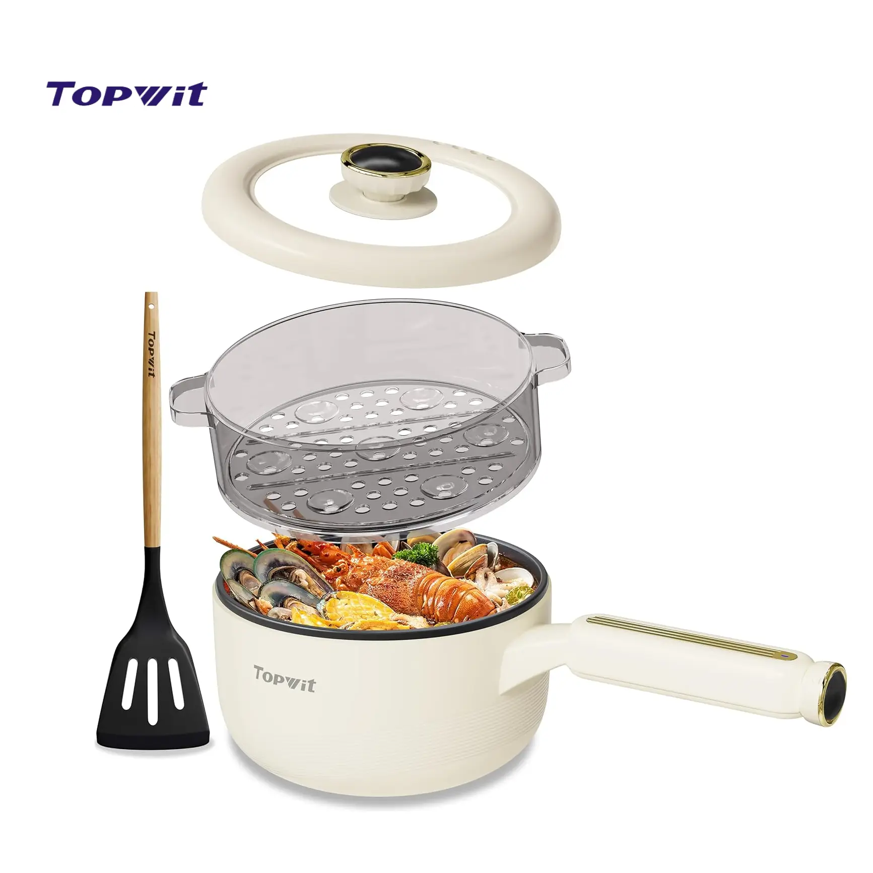 TOPWIT Electric 2L Multifunctional Hot Pot with Non-Stick Frying Pan, Silicone Spatula Included, Portable Pot for Steak, Egg, Fried Rice, Ramen & Soup