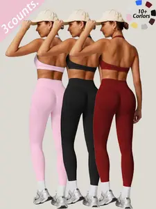 Women's Solid Color Sportswear Yoga Set, High-Waisted Butt-Lifting Leggings & Backless Bra, Gym Wear, Workout Sets, Outdoor Running, Indoor Pilates